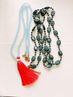 Boho Statement Necklace Set 2pcs Red Tassel Blue Beads & Green Carved Bead Long